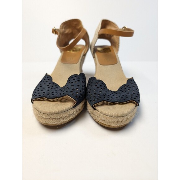KANNA SPAIN 8 OPEN TOE ESPADRILLE SHOES LEATHER UPPER BLUE TAN WEDGE CUTE! - Picture 9 of 9